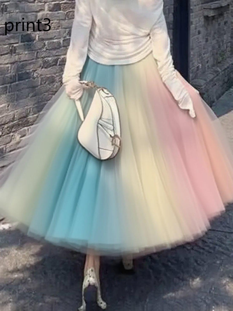 Print5 Wrinkled High Waist Tulle Skirt Spring