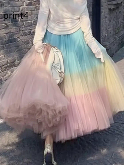 Print1 Wrinkled High Waist Tulle Skirt Spring