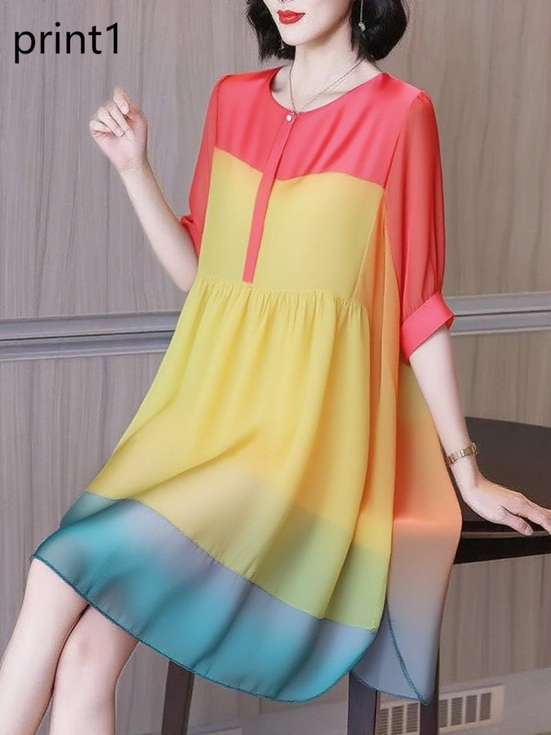 Ruffled Print1 Button Side Open Linen Vacation Dresses Half Sleeve