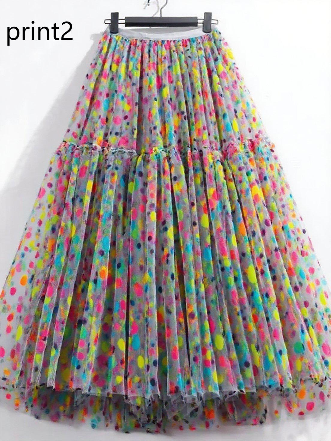 Print1 Patchwork Tulle Skirt Wrinkled Elastic Waist Spring