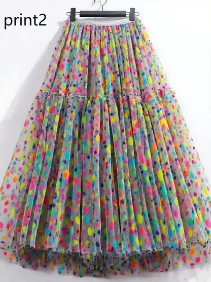 Print3 Patchwork Tulle Skirt Wrinkled Elastic Waist Spring