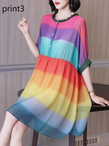 Ruffled Print2 Button Side Open Linen Vacation Dresses Half Sleeve