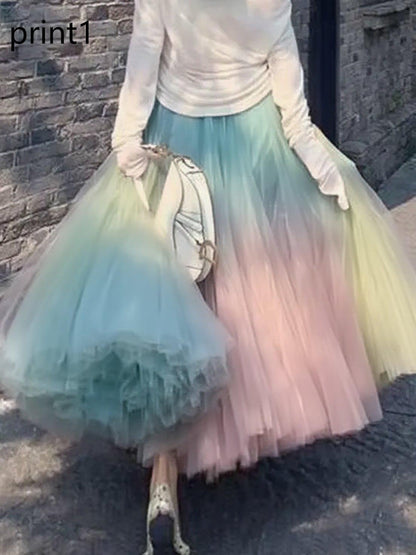 Print3 Wrinkled High Waist Tulle Skirt Spring