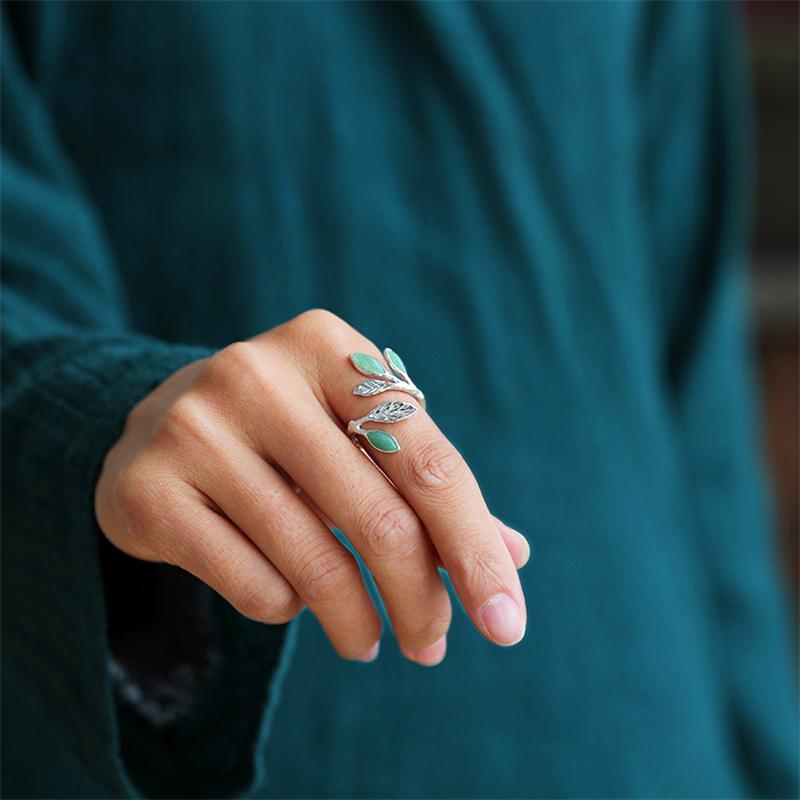 Green Aventurine Leaves Sterling Silver Ring