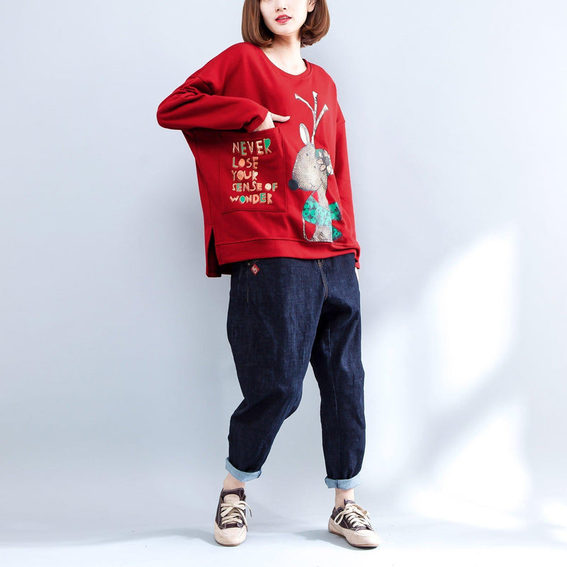 Red Alphabet Prints T Shirt Long Sleeve Pullover
