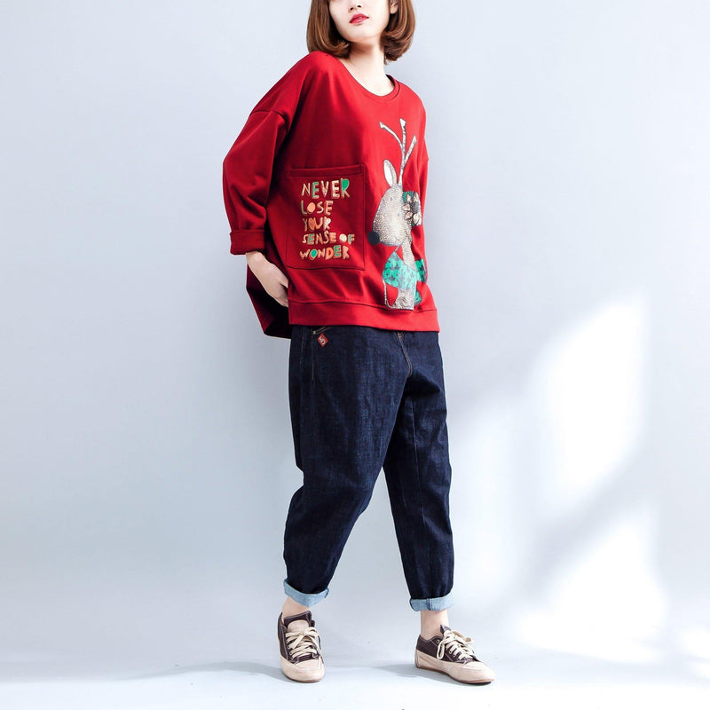 Red Alphabet Prints T Shirt Long Sleeve Pullover