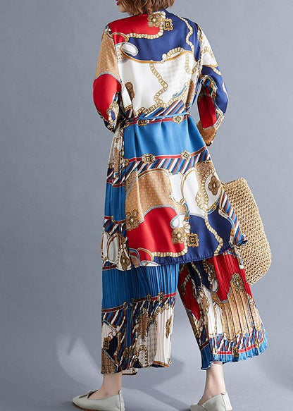 Red Blue Prints Chiffon Two Pieces Stand Collar Shirt With Cinched Wide Leg Pants