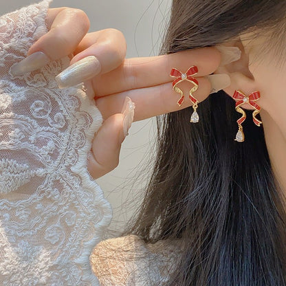 Red Bow Drop Earrings