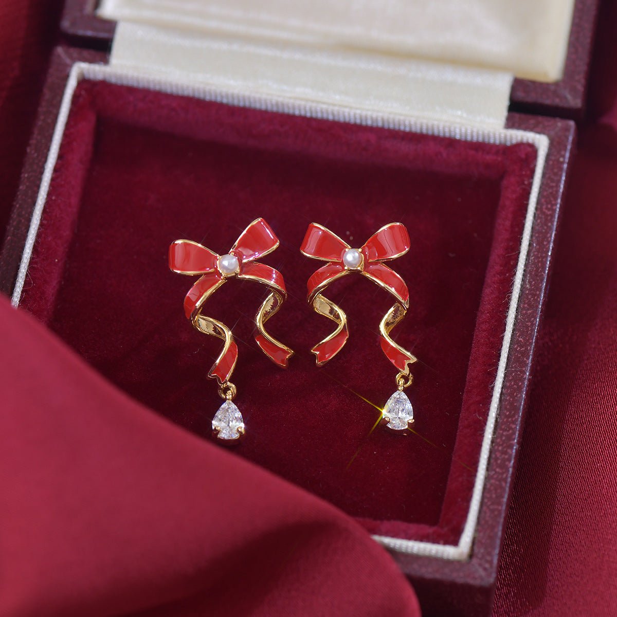 Red Bow Drop Earrings