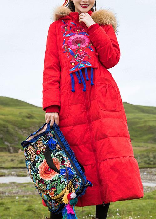 Red Duck Down Coat Oversize Embroidery Parka Hooded New Coats
