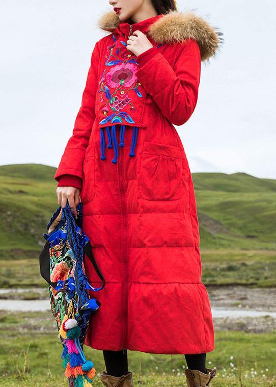 Red Duck Down Coat Oversize Embroidery Parka Hooded New Coats