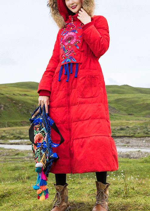 Red Duck Down Coat Oversize Embroidery Parka Hooded New Coats