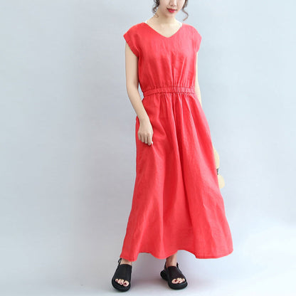 Red Elastic Waist Linen Dresses Loose Short Sleeve Maxi Dress