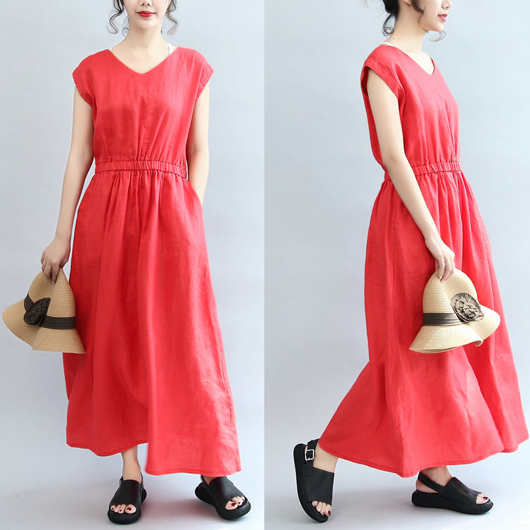 Red Elastic Waist Linen Dresses Loose Short Sleeve Maxi Dress