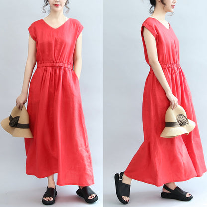 Red Elastic Waist Linen Dresses Loose Short Sleeve Maxi Dress
