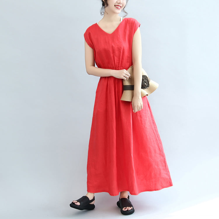 Red Elastic Waist Linen Dresses Loose Short Sleeve Maxi Dress
