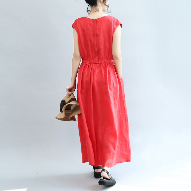 Red Elastic Waist Linen Dresses Loose Short Sleeve Maxi Dress