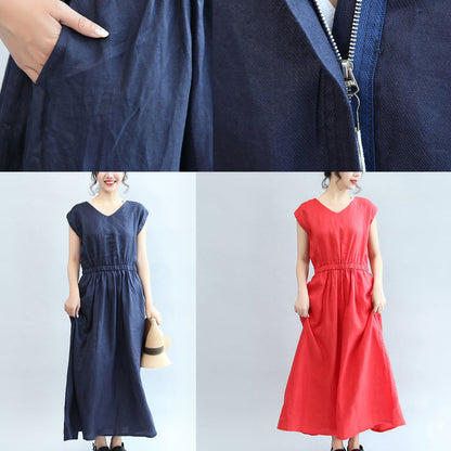 Red Elastic Waist Linen Dresses Loose Short Sleeve Maxi Dress