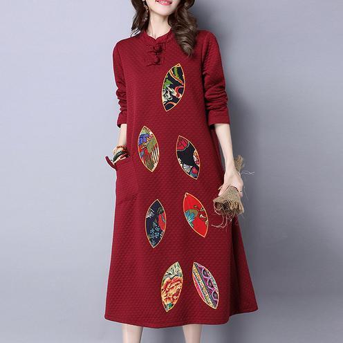 Red Embroidery Cotton Dresses Long Sleeve Maxi Warm Dress
