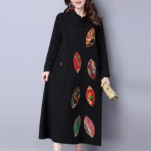 Red Embroidery Cotton Dresses Long Sleeve Maxi Warm Dress