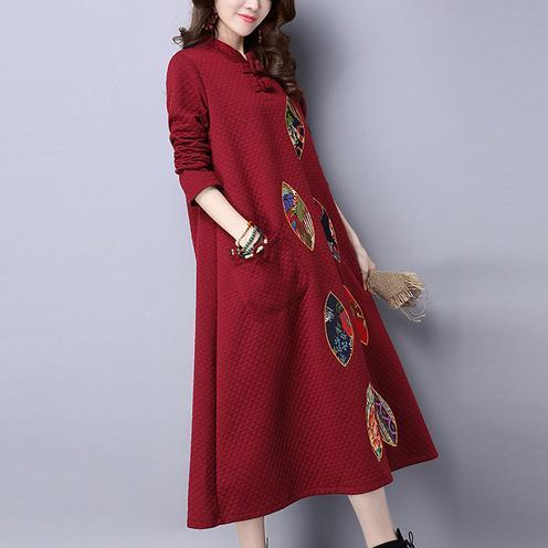 Red Embroidery Cotton Dresses Long Sleeve Maxi Warm Dress