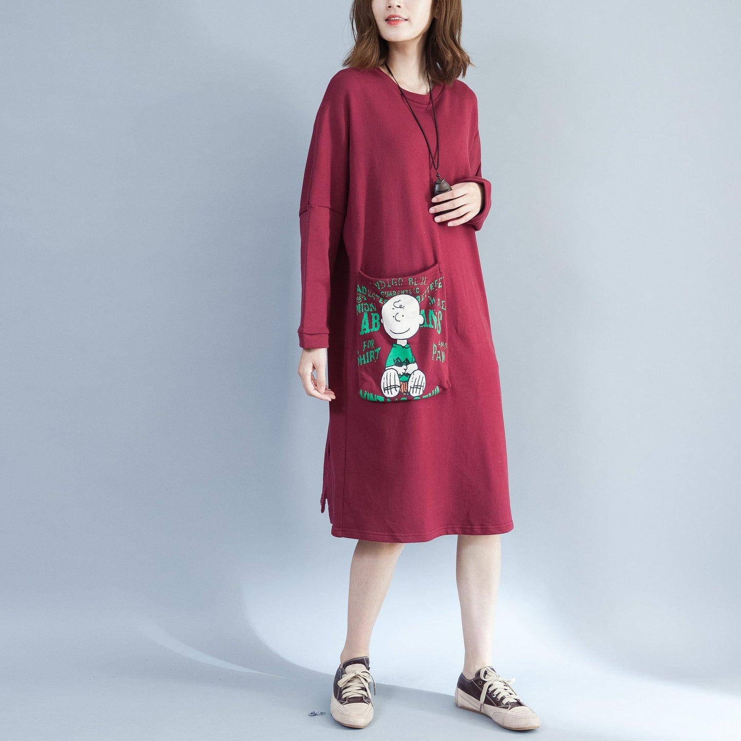 Red Back Prints Cotton Dresses Large Pockets Prints Thick Shift Dress