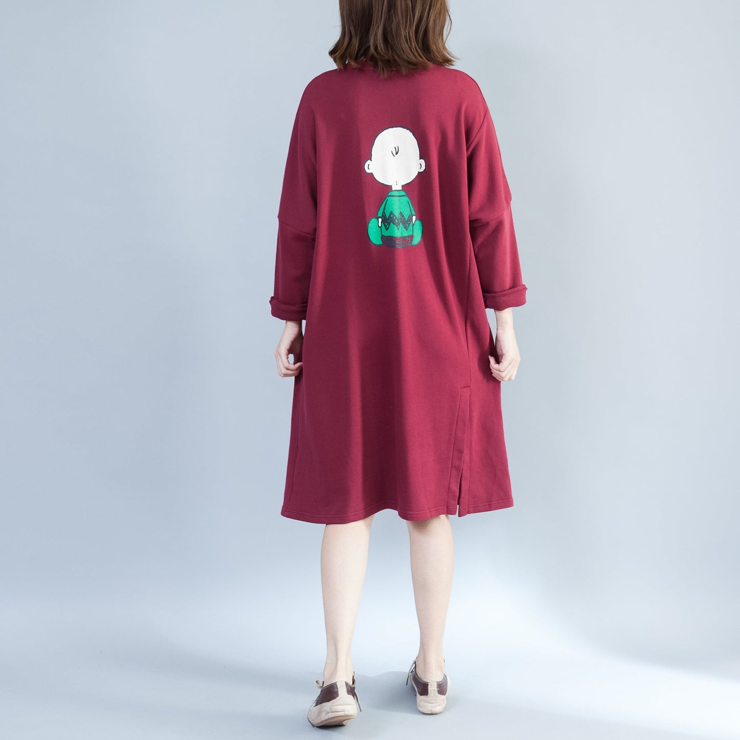 Red Back Prints Cotton Dresses Large Pockets Prints Thick Shift Dress