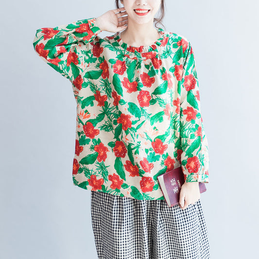 red green floral 2025 linen tops oversize vintage long sleeve t shirt