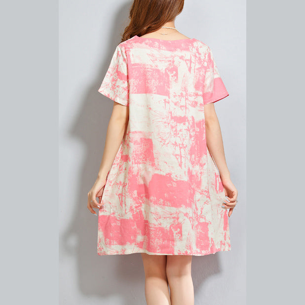 Red Linen Dresses Linen Cotton Dress Prints O Neck Short Sleeve Cotton Dress