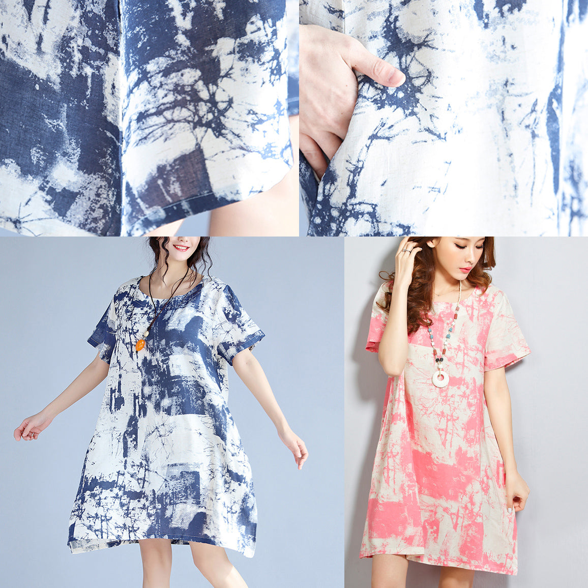 Red Linen Dresses Linen Cotton Dress Prints O Neck Short Sleeve Cotton Dress