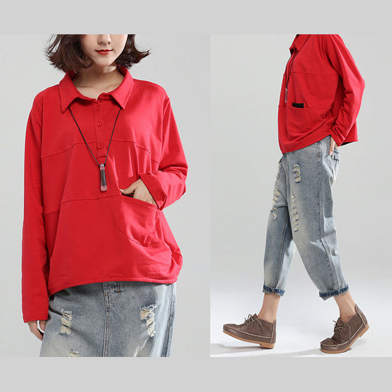 Red Patchwork Cotton Shirt Pullover Oversize Long Sleeve Lapel Collar Tops