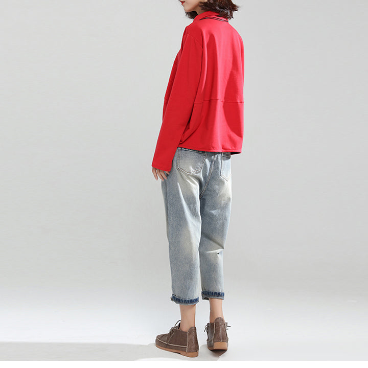 Red Patchwork Cotton Shirt Pullover Oversize Long Sleeve Lapel Collar Tops