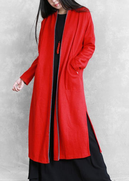 Red Clothing Sweaters Pockets Side Open Coats
