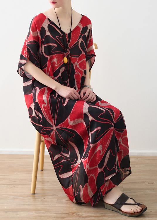 Red Prints Chiffon V Neck Long Tops and Pants Two Pieces