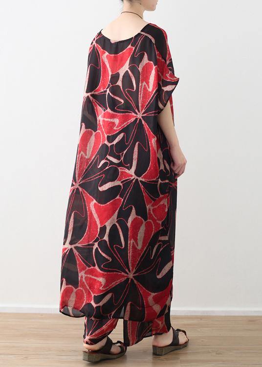Red Prints Chiffon V Neck Long Tops and Pants Two Pieces