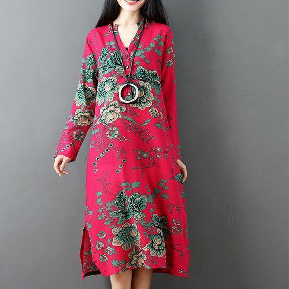 Red Prints Linen Dresses Clothing Side Open Linen Clothing Dresses Long Sleeve Linen Caftans