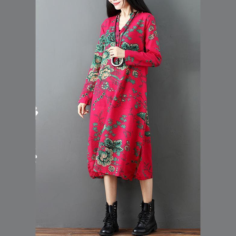Red Prints Linen Dresses Clothing Side Open Linen Clothing Dresses Long Sleeve Linen Caftans