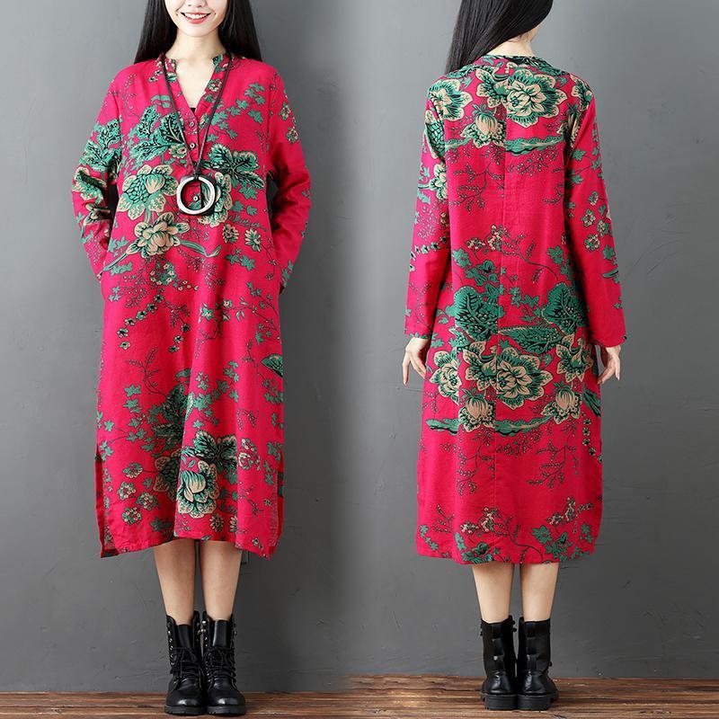 Red Prints Linen Dresses Clothing Side Open Linen Clothing Dresses Long Sleeve Linen Caftans