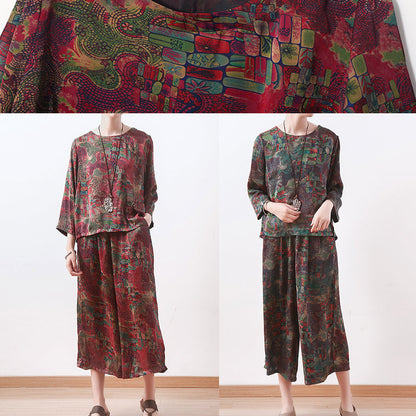 Red Prints Silk Two Pieces Long Sleeve Tops and Elastic Waist Wide Leg Pants