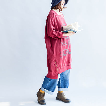 Red Rose Spring Dresses Cotton Shift Dress Pullover Zippered Hem