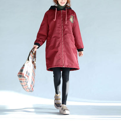 Red Thick Warm Zippered Trench Coats Oversize Prints Long Sleeve Hooded Winter Outfits