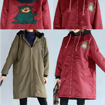 Red Thick Warm Zippered Trench Coats Oversize Prints Long Sleeve Hooded Winter Outfits