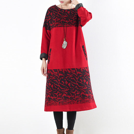 Red Winter Dresses Winter Woolen Print Maxi Dress Pullover Caftans Long Shirts