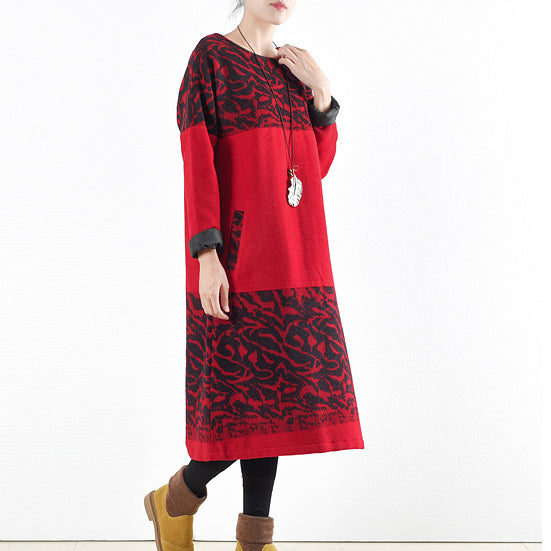 Red Winter Dresses Winter Woolen Print Maxi Dress Pullover Caftans Long Shirts