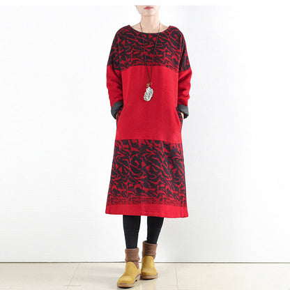 Red Winter Dresses Winter Woolen Print Maxi Dress Pullover Caftans Long Shirts