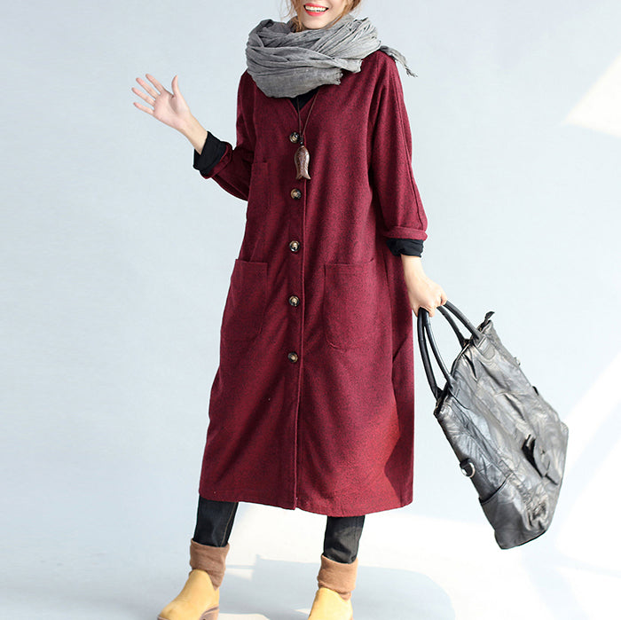 Red Winter Cotton Cardigans Long Sleeve Woolen Trench Coats