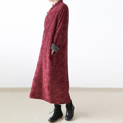 Red Winter Dresses Linen Dress New Thick Velour Inside Gown Caftans Style
