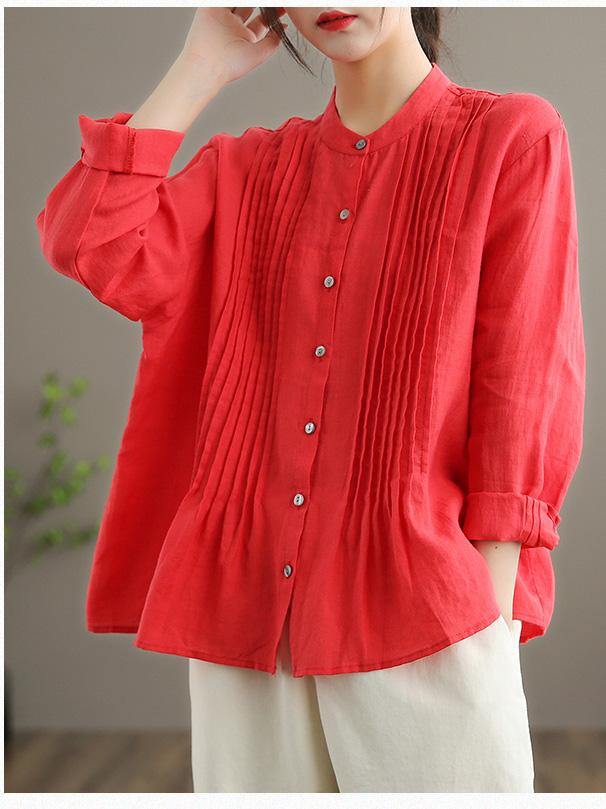 Organic White-flower Linen Shirt Tunics Women Ramie Blouse