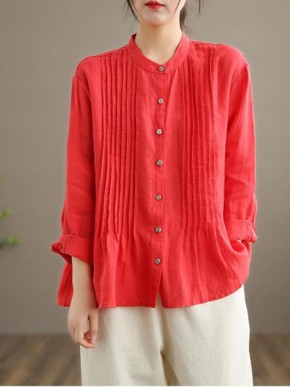 Organic White-flower Linen Shirt Tunics Women Ramie Blouse