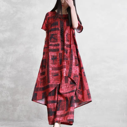 Gray Prints Chiffon Two Pieces Side Open Tops and Elastic Waist Wide Leg Pants